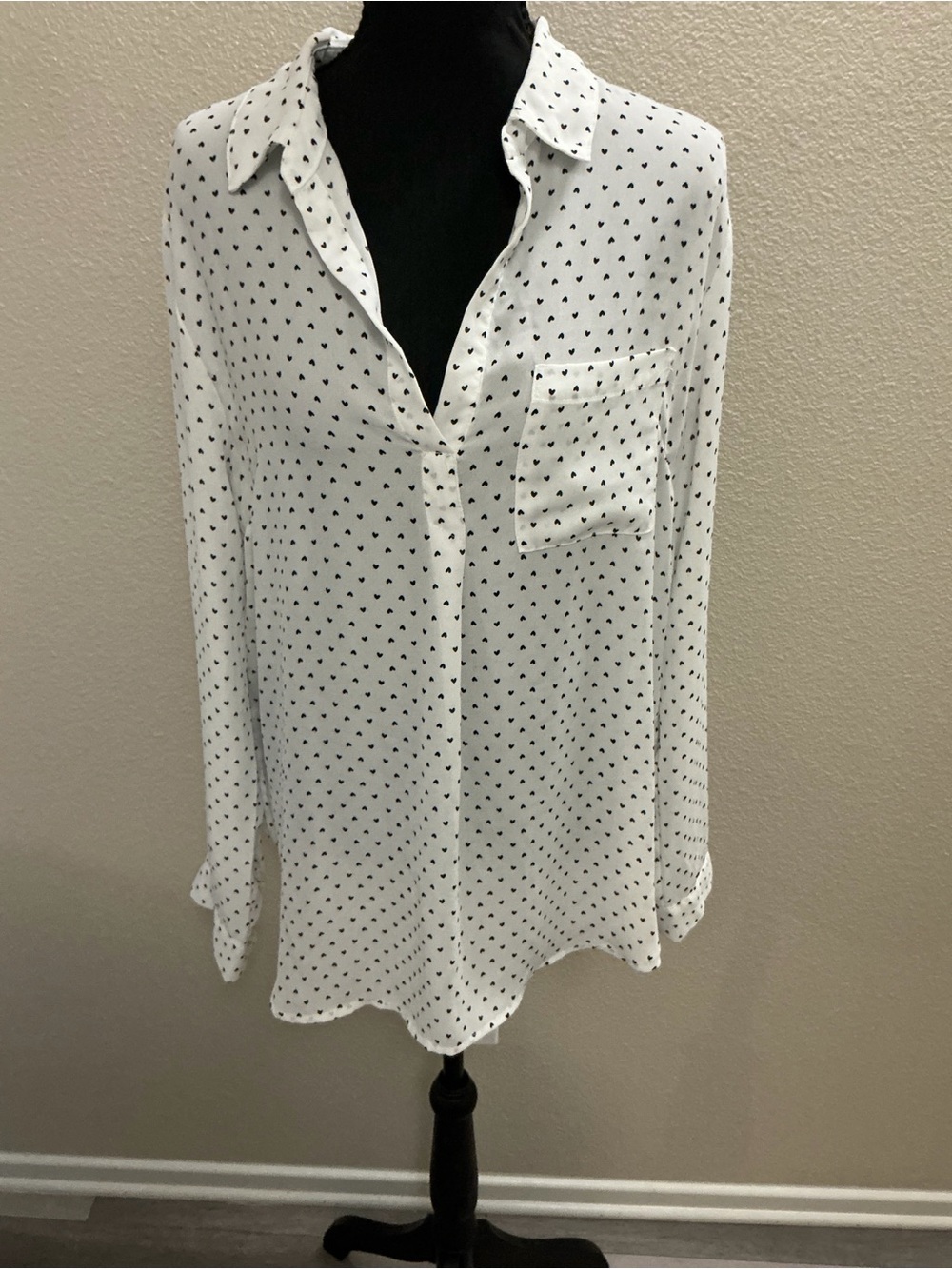 Timing White Button-Down Blouse with Black Heart Print